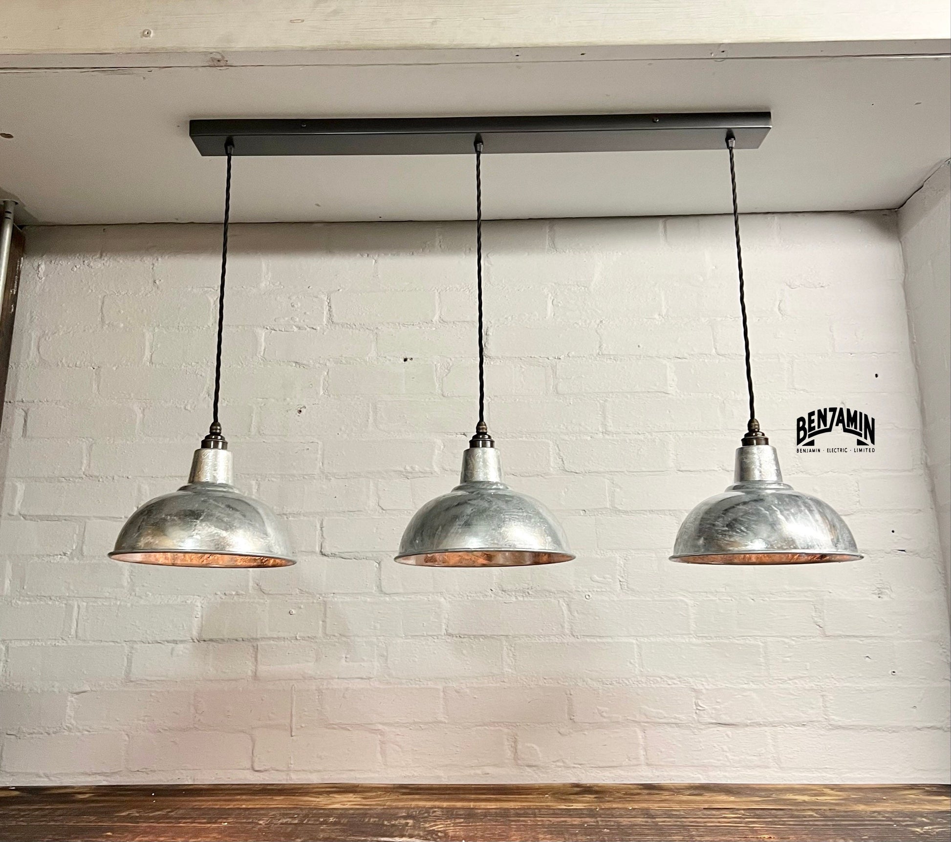 Salthouse ~ 3 x Galvanised Shade Pendant Set Track Light | Dining Room | Kitchen Table | Vintage