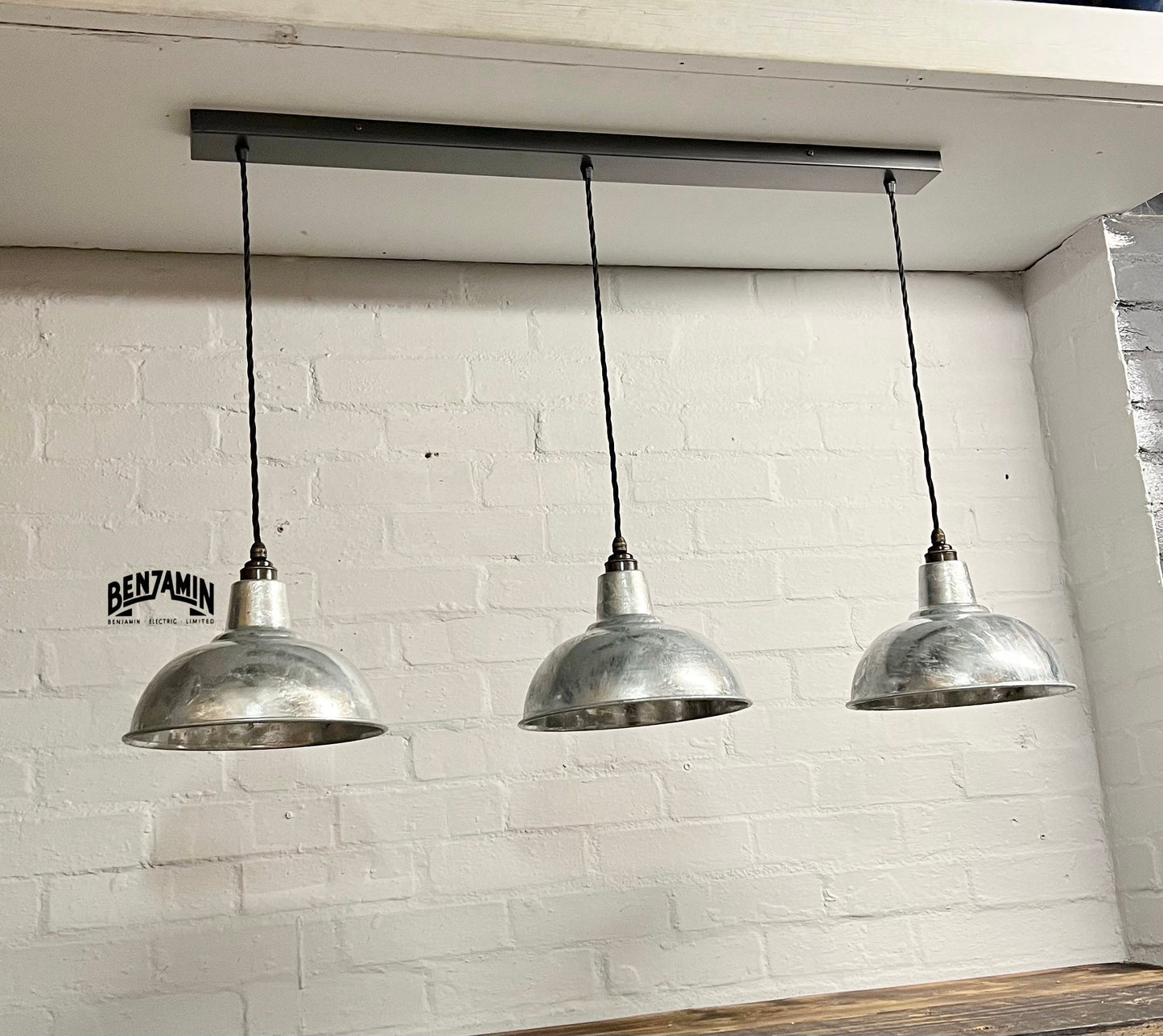 Salthouse ~ 3 x Galvanised Shade Pendant Set Track Light | Dining Room | Kitchen Table | Vintage