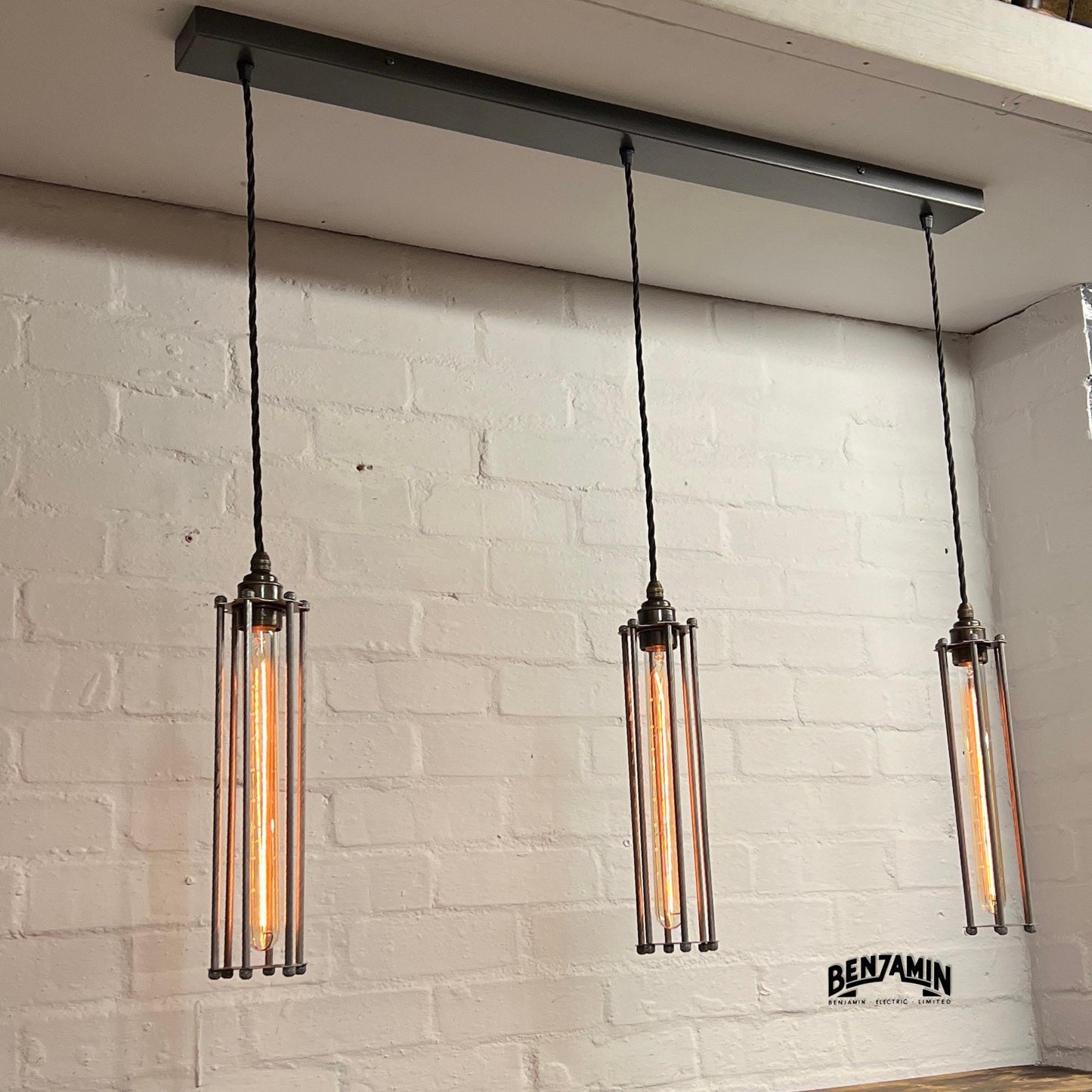Coxford ~ 3 x Raw Steel Cage Pendant Set Track Light | Dining Room | Kitchen Table | Vintage