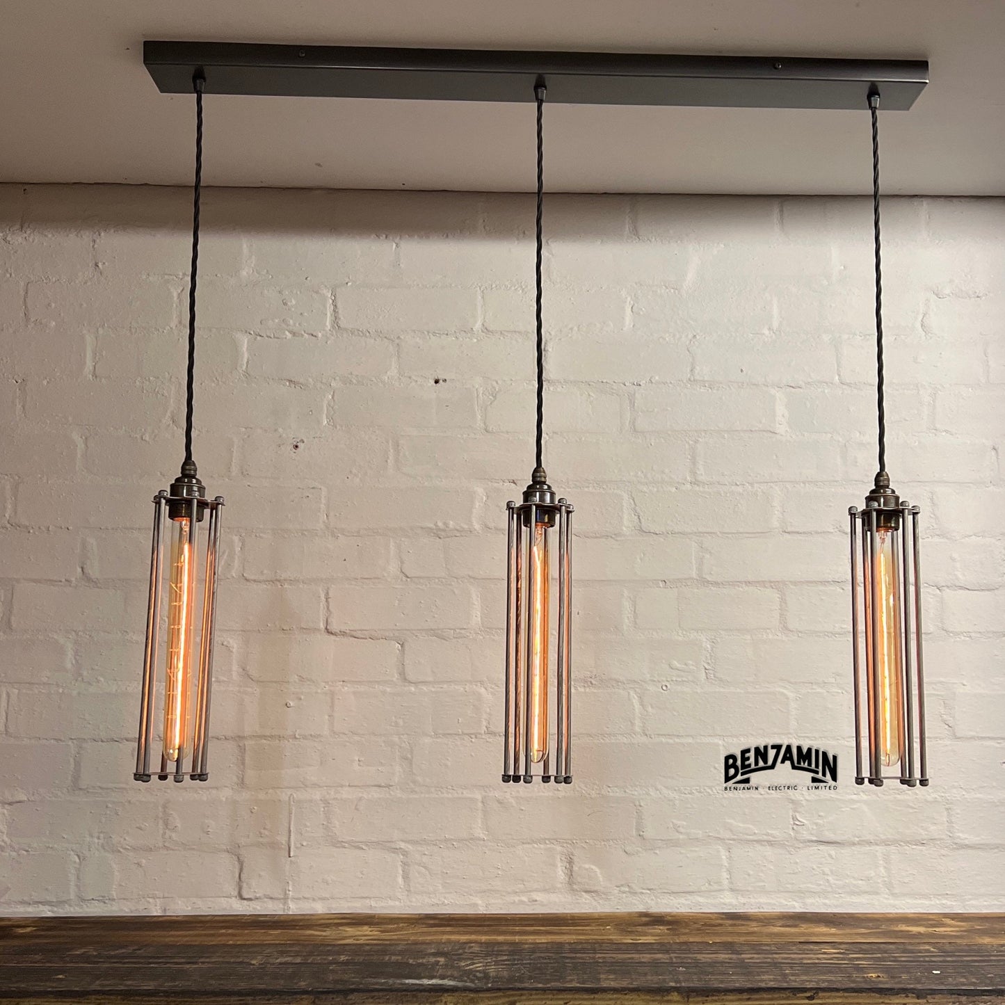 Coxford ~ 3 x Raw Steel Cage Pendant Set Track Light | Dining Room | Kitchen Table | Vintage