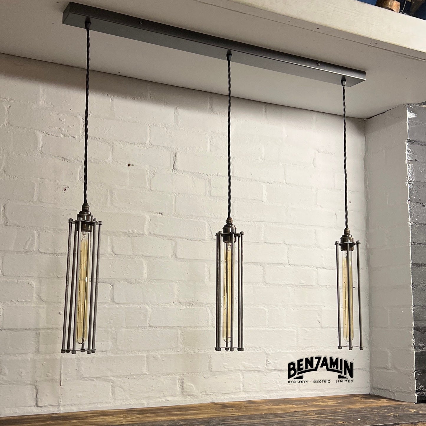 Coxford ~ 3 x Raw Steel Cage Pendant Set Track Light | Dining Room | Kitchen Table | Vintage