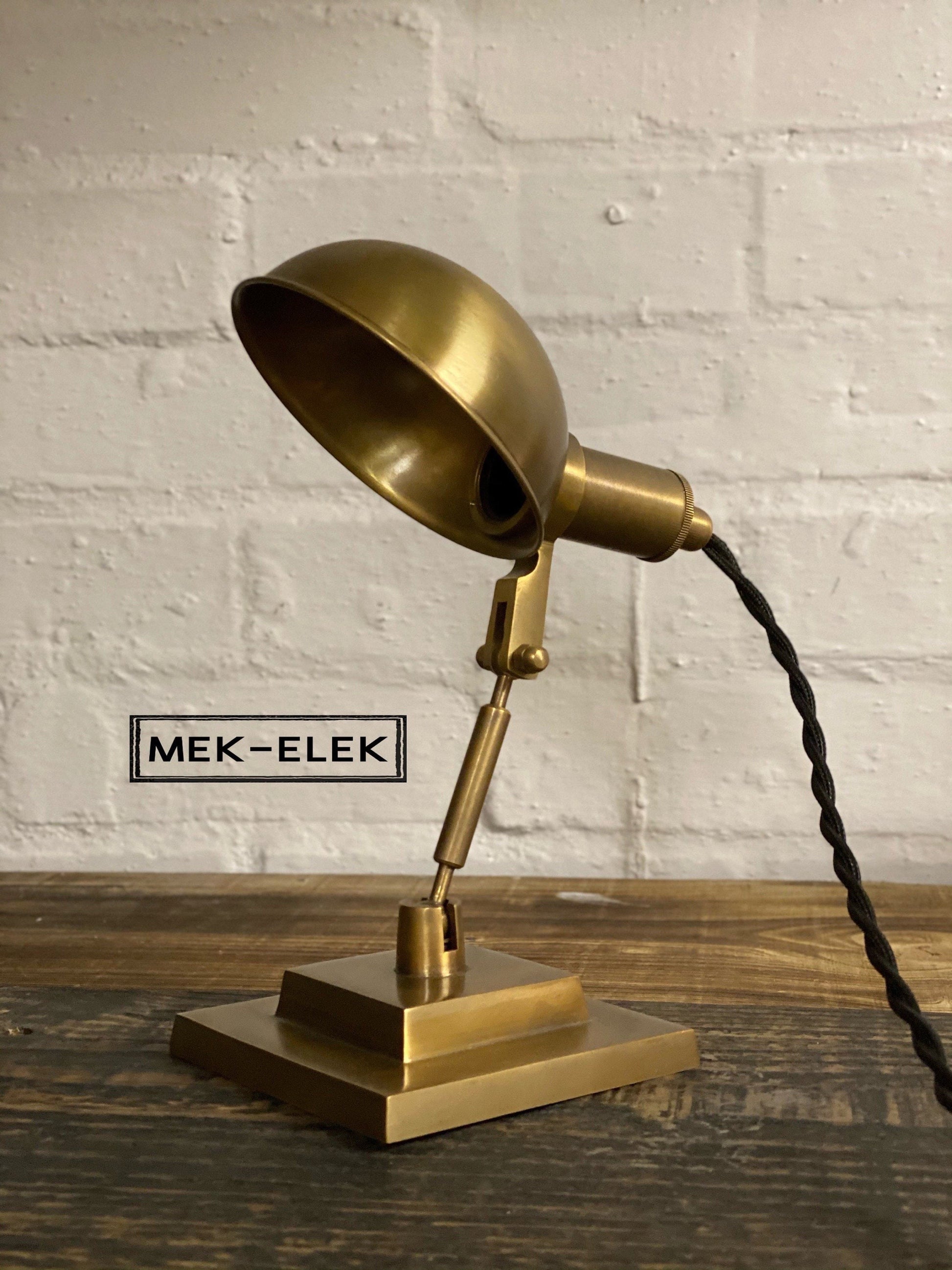 Dunham ~ Solid Antique Brass Small Industrial Multi Task Lamp | Fabric Cable | Bedroom | Bedside Table Light | Vintage Retro