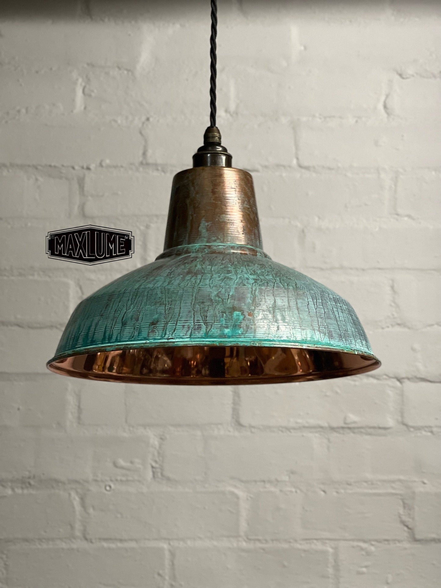 Filby ~ Solid Copper Verdigris Patina Reflector Shade Pendant Set Light | Ceiling Dining Room | Kitchen Table | Vintage Bulb | 12.5 Inch