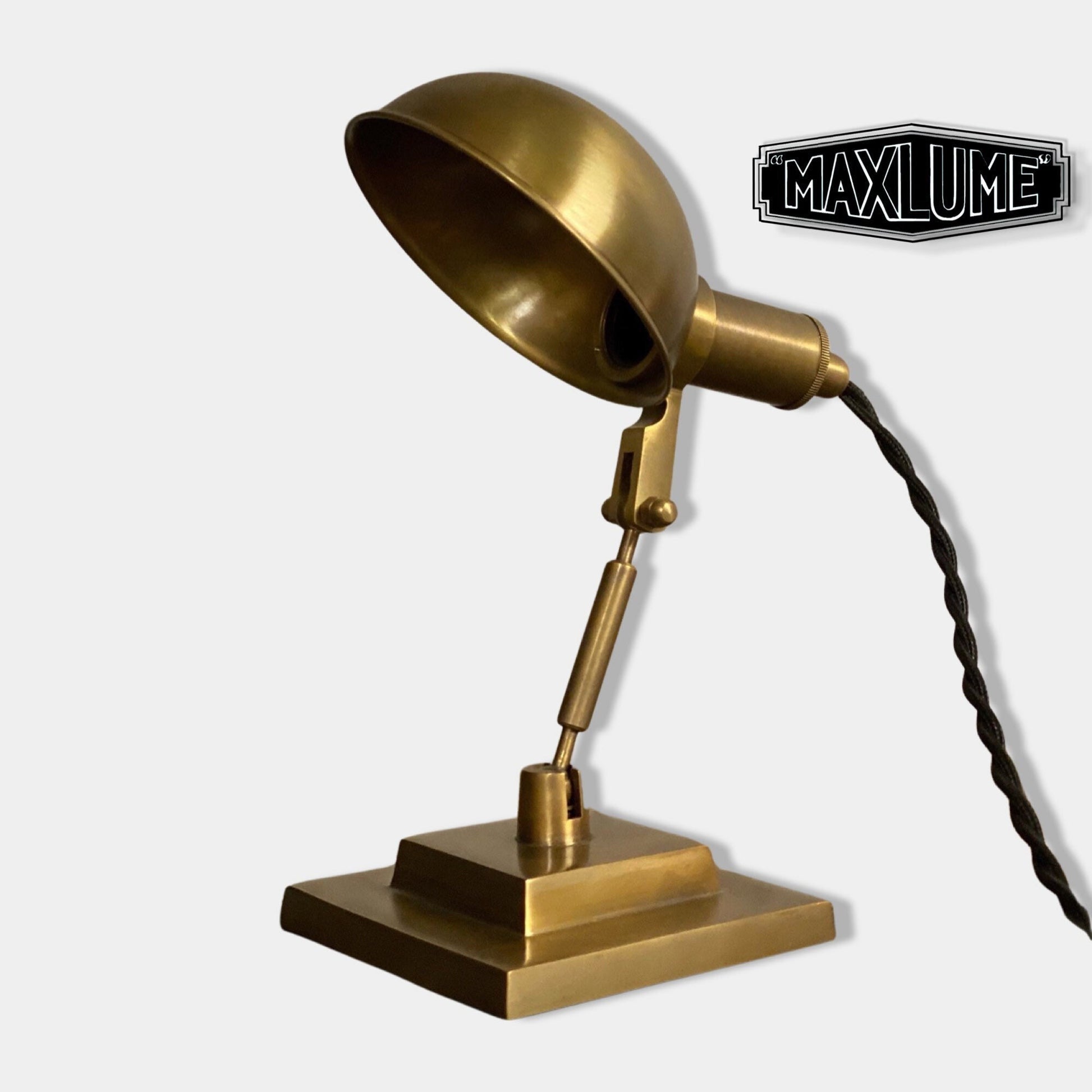 Dunham ~ Solid Antique Brass Small Industrial Multi Task Lamp | Fabric Cable | Bedroom | Bedside Table Light | Vintage Retro