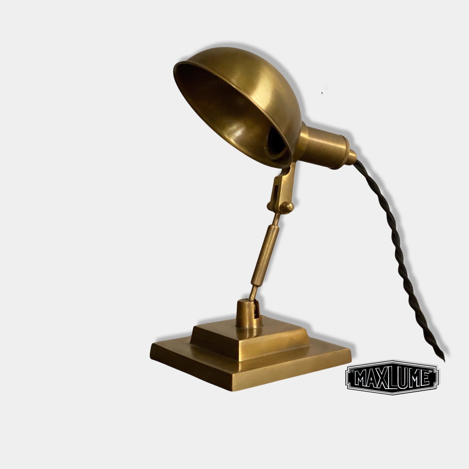 Dunham ~ Solid Antique Brass Small Industrial Multi Task Lamp | Fabric Cable | Bedroom | Bedside Table Light | Vintage Retro