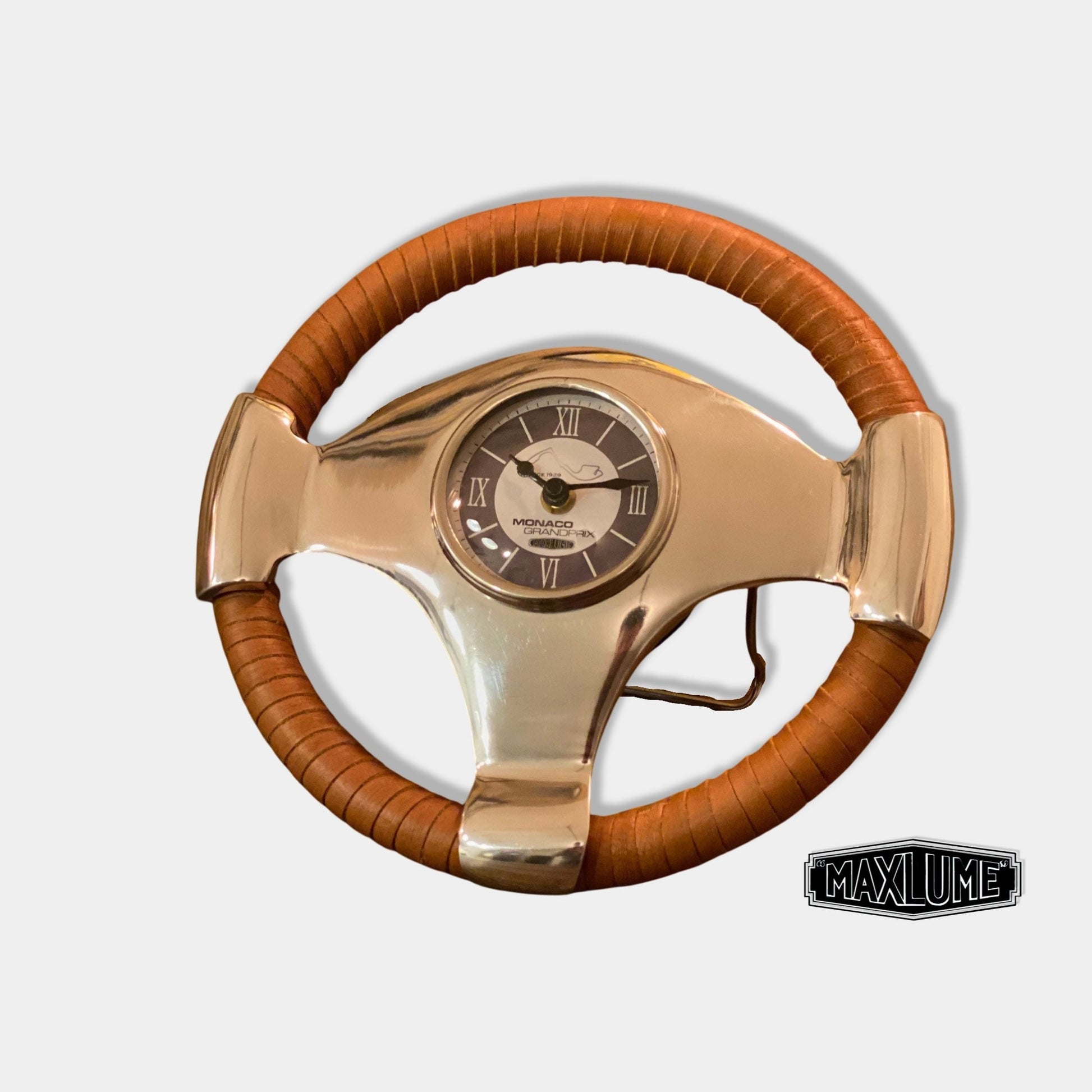 Maxlume ~ Monaco Grandprix Small Racing Steering Wheel Clock Genuine Leather 1929 Classic Car