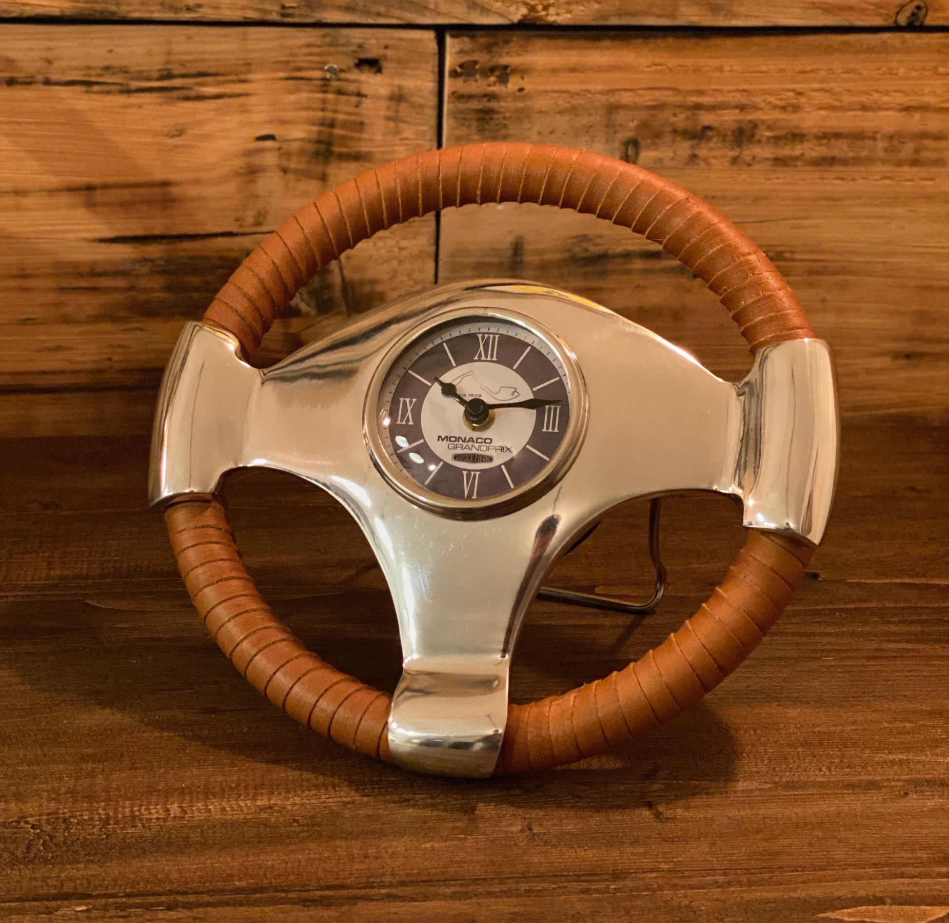 Maxlume ~ Monaco Grandprix Small Racing Steering Wheel Clock Genuine Leather 1929 Classic Car