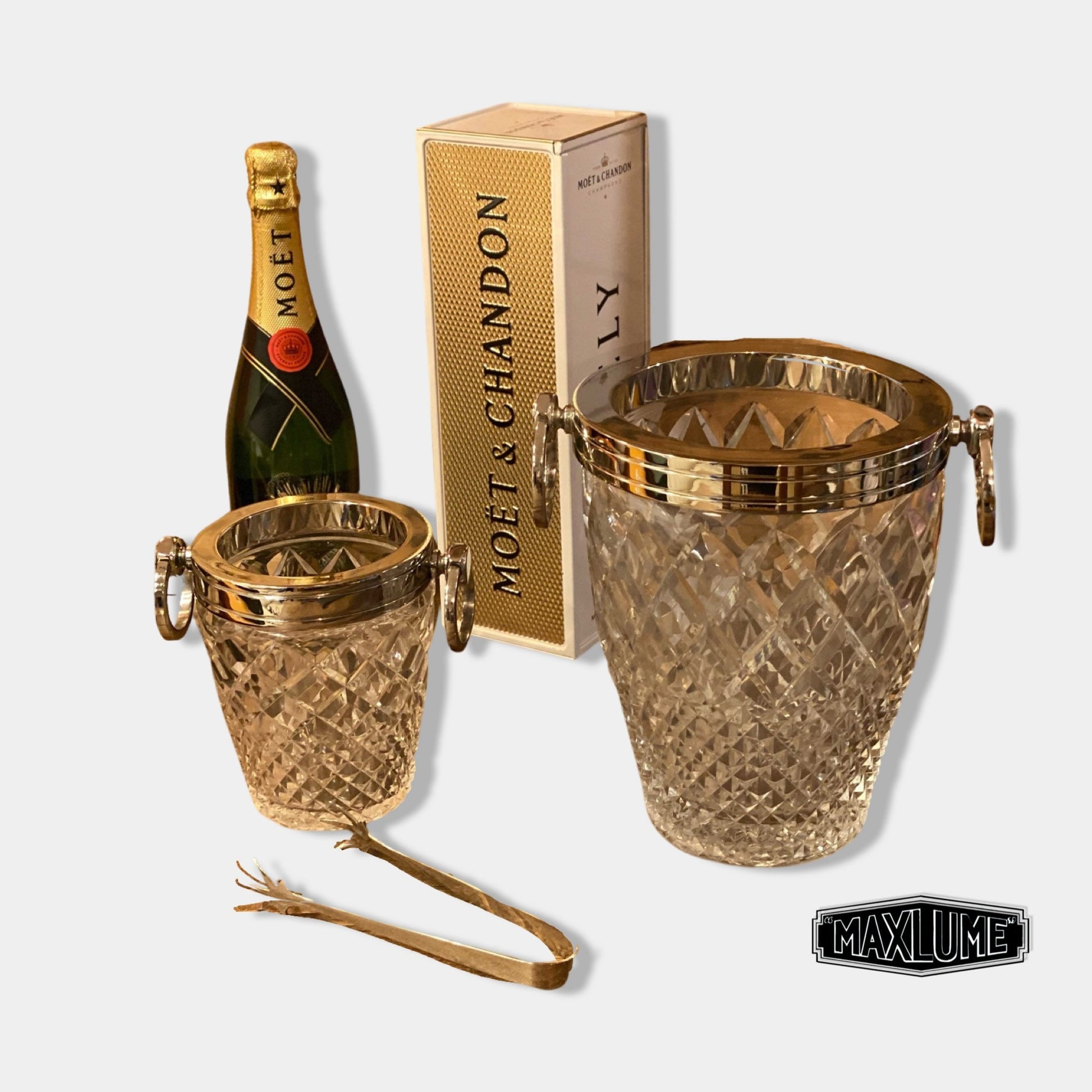 Maxlume ~ Luxury 3 Piece Solid Glass Hand Cut Engraved Wine & Ice Cooler Champagne Glass Bucket French