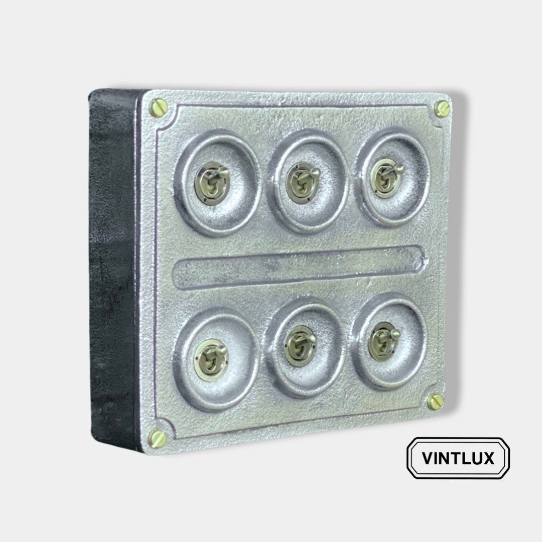 6 Gang 2 Way Solid Cast Metal Conduit Light Switch Industrial - BS EN Approved Vintage Crabtree 1950’s Style