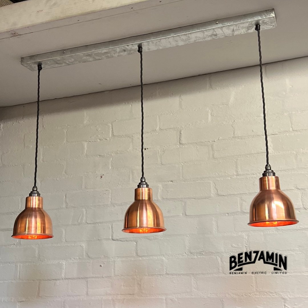 Metton ~ 3 x Antique Copper Shade “MEK” Design Pendant Set Track Light | Dining Room | Kitchen Table | Vintage