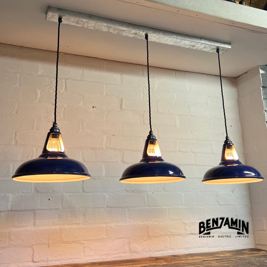 Cawston ~ 3 x Solid Royal Blue Shade 1932 Design Pendant Set Track Light | Dining Room | Kitchen Table | Vintage