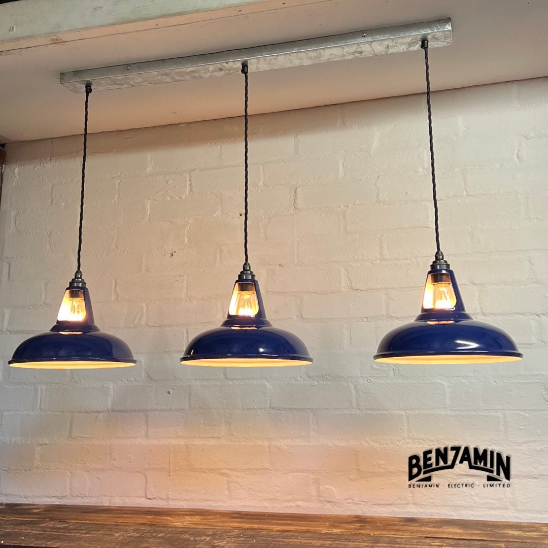 Cawston ~ 3 x Solid Royal Blue Shade 1932 Design Pendant Set Track Light | Dining Room | Kitchen Table | Vintage