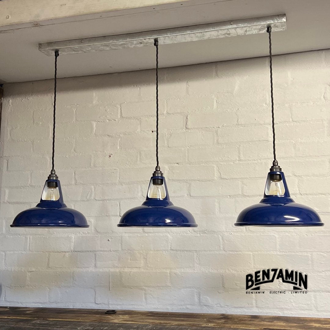 Cawston ~ 3 x Solid Royal Blue Shade 1932 Design Pendant Set Track Light | Dining Room | Kitchen Table | Vintage