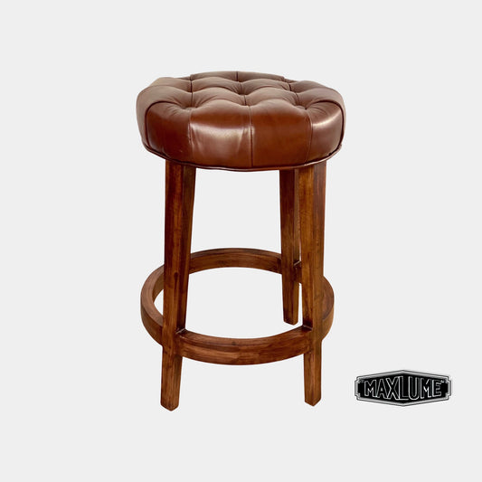 Maxlume ~ Brown Genuine Leather Button Top Solid Bar Stool Wooden Frame | Vintage Style | Solid Cast Metal | Floor Standing