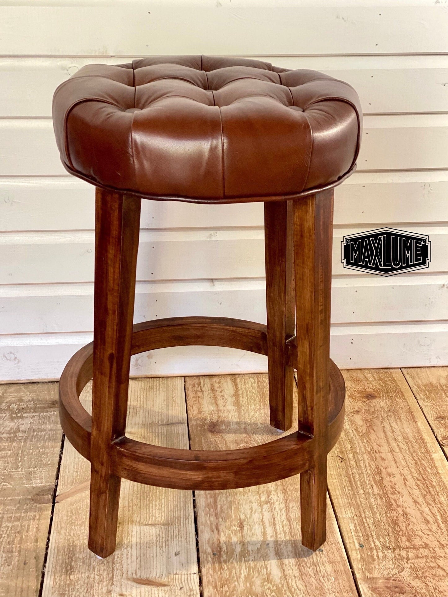 Maxlume ~ Brown Genuine Leather Button Top Solid Bar Stool Wooden Frame | Vintage Style | Solid Cast Metal | Floor Standing