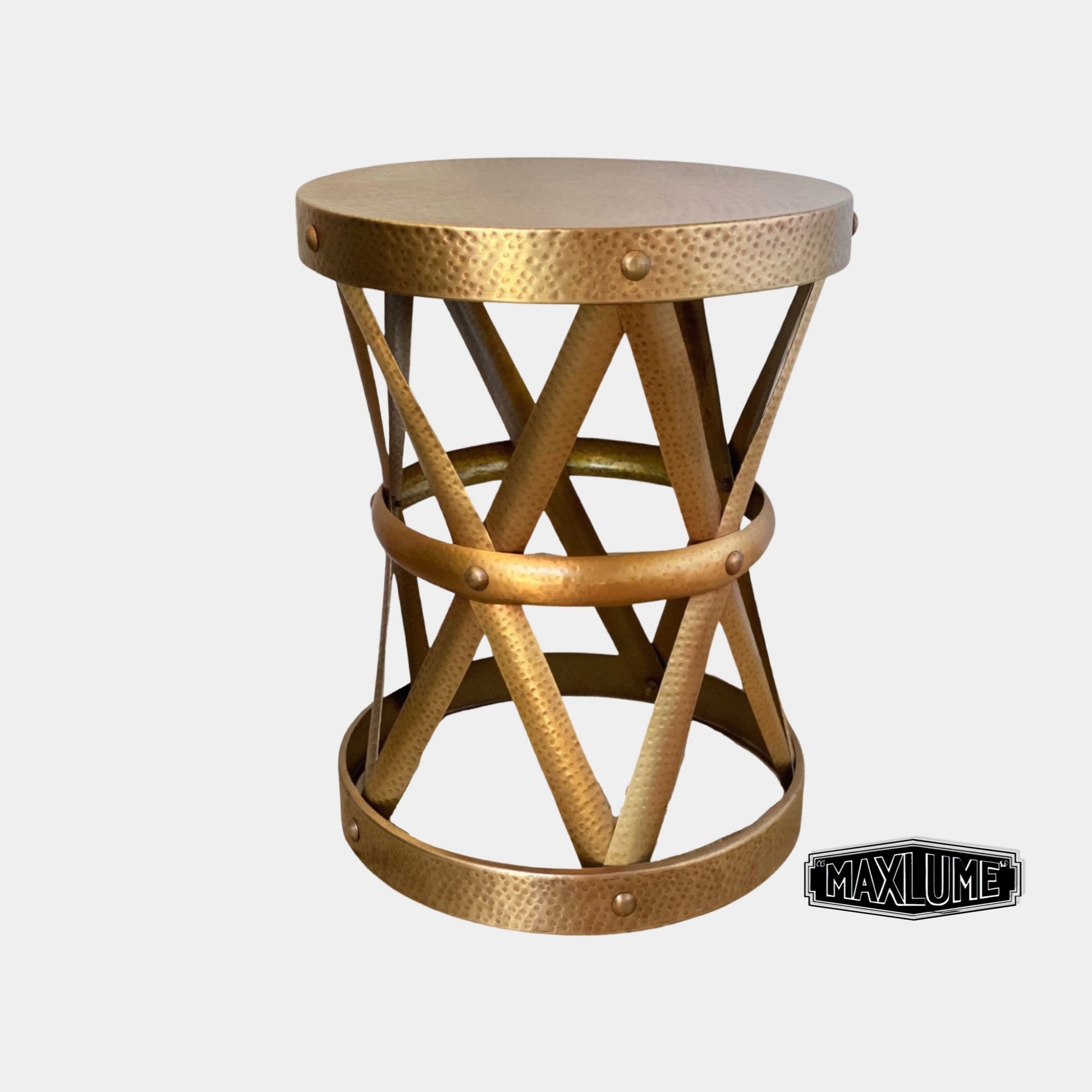 Maxlume ~ Patinated Hammered Brass Drum Side Table Industrial | Vintage Style | Floor Table