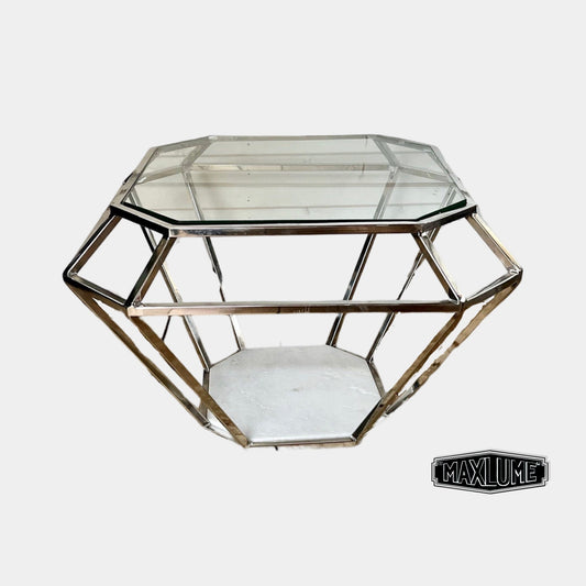 Maxlume ~ Hexagon Side Coffee Table Solid Glass & Marble Industrial | Vintage Style | Plant Floor Stand Sofa End Retro Solid Wood Metal
