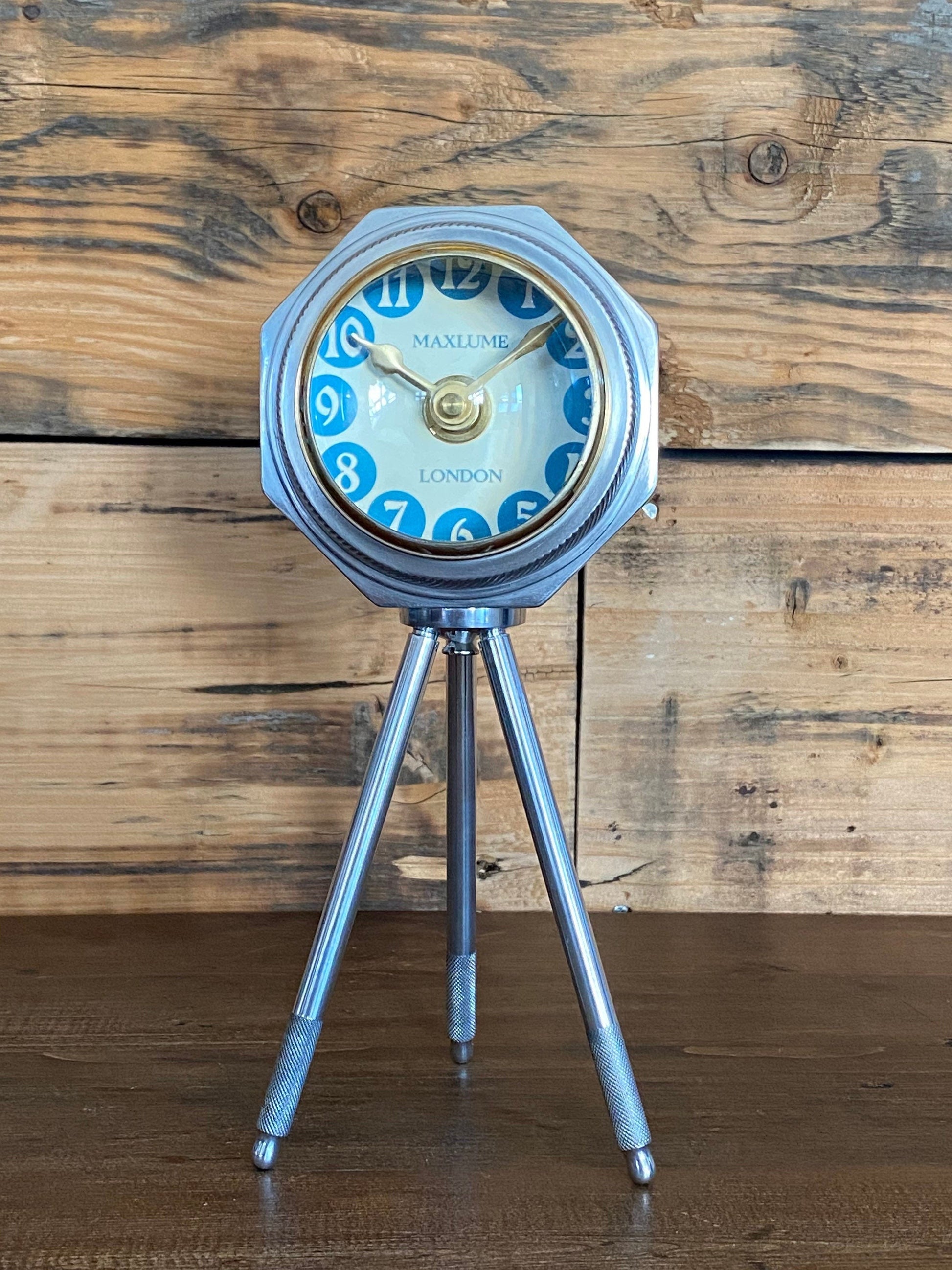 Maxlume ~ London Table Tripod Clock Polished Nickel Solid Brass Ship Nautical Vintage Industrial Decor