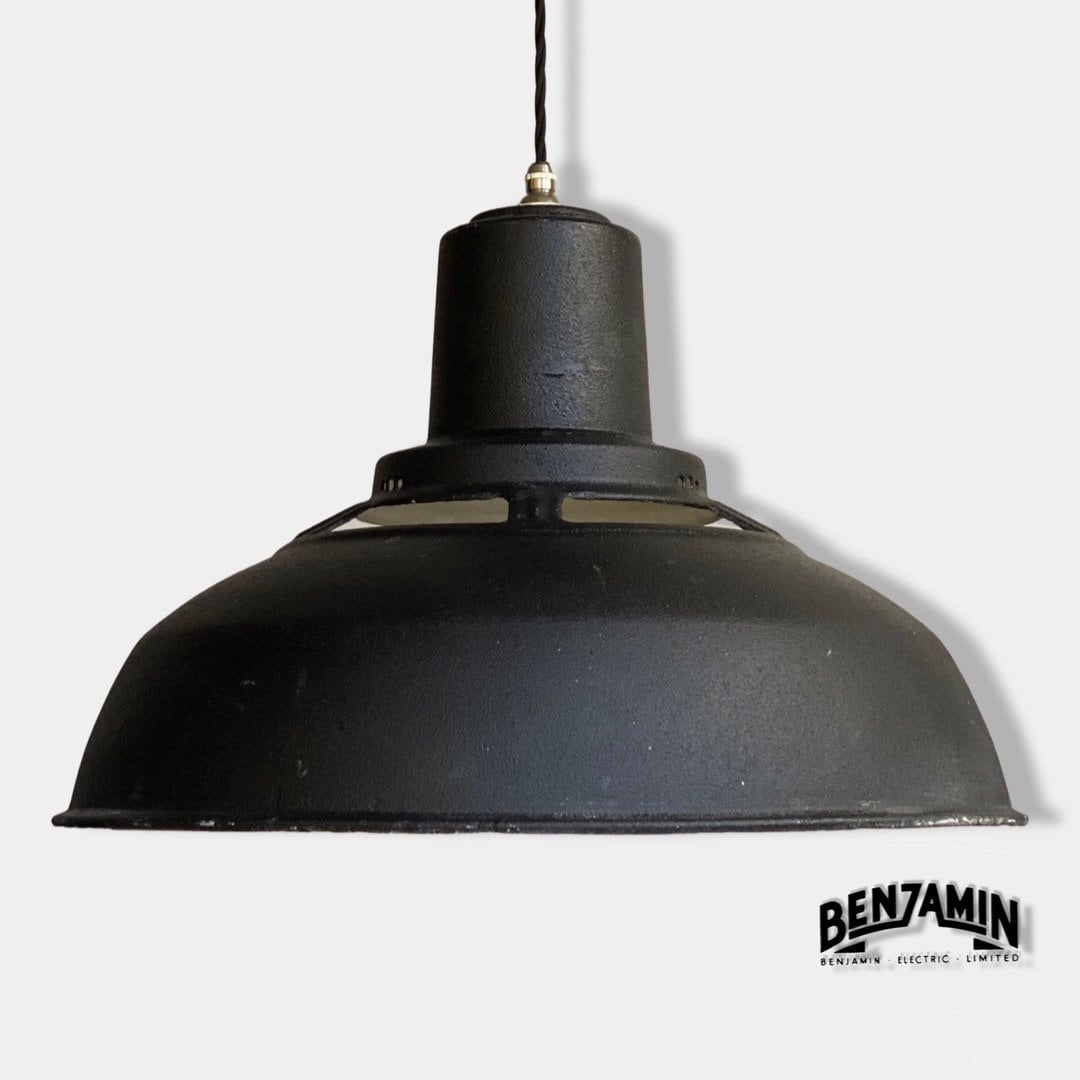 Geniune Black Solid Benjamin Saflux Shade 1940’s Pendant Set Light | Ceiling Dining Room | Kitchen Table | Vintage Filament Bulb