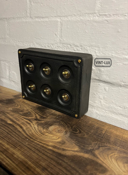 6 Gang 2 Way Black Zinc Solid Cast Metal Surface Mounting Conduit Light Switch Industrial - BS EN Approved Vintage Britmac Style