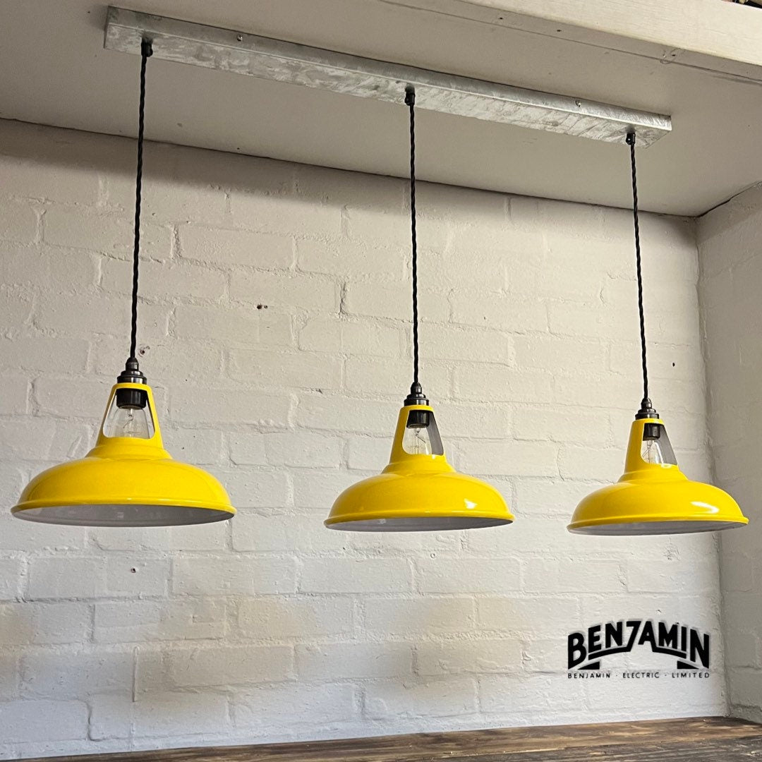 Cawston ~ Deep Yellow 3 x Solid Shade 1932 Design Pendant Set Galvanised Track Light | Dining Room | Kitchen Table | Vintage