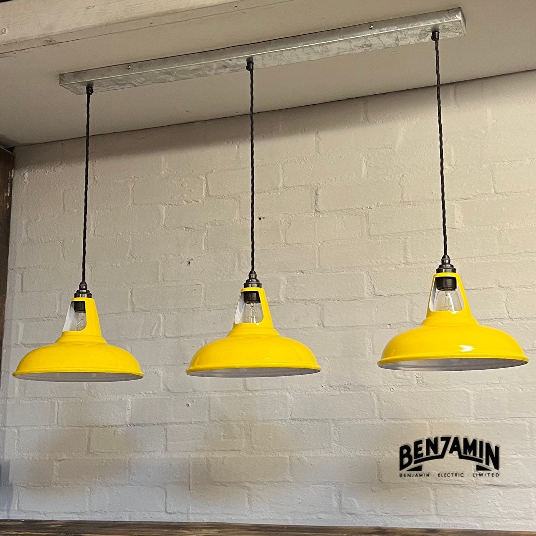Cawston ~ Deep Yellow 3 x Solid Shade 1932 Design Pendant Set Galvanised Track Light | Dining Room | Kitchen Table | Vintage
