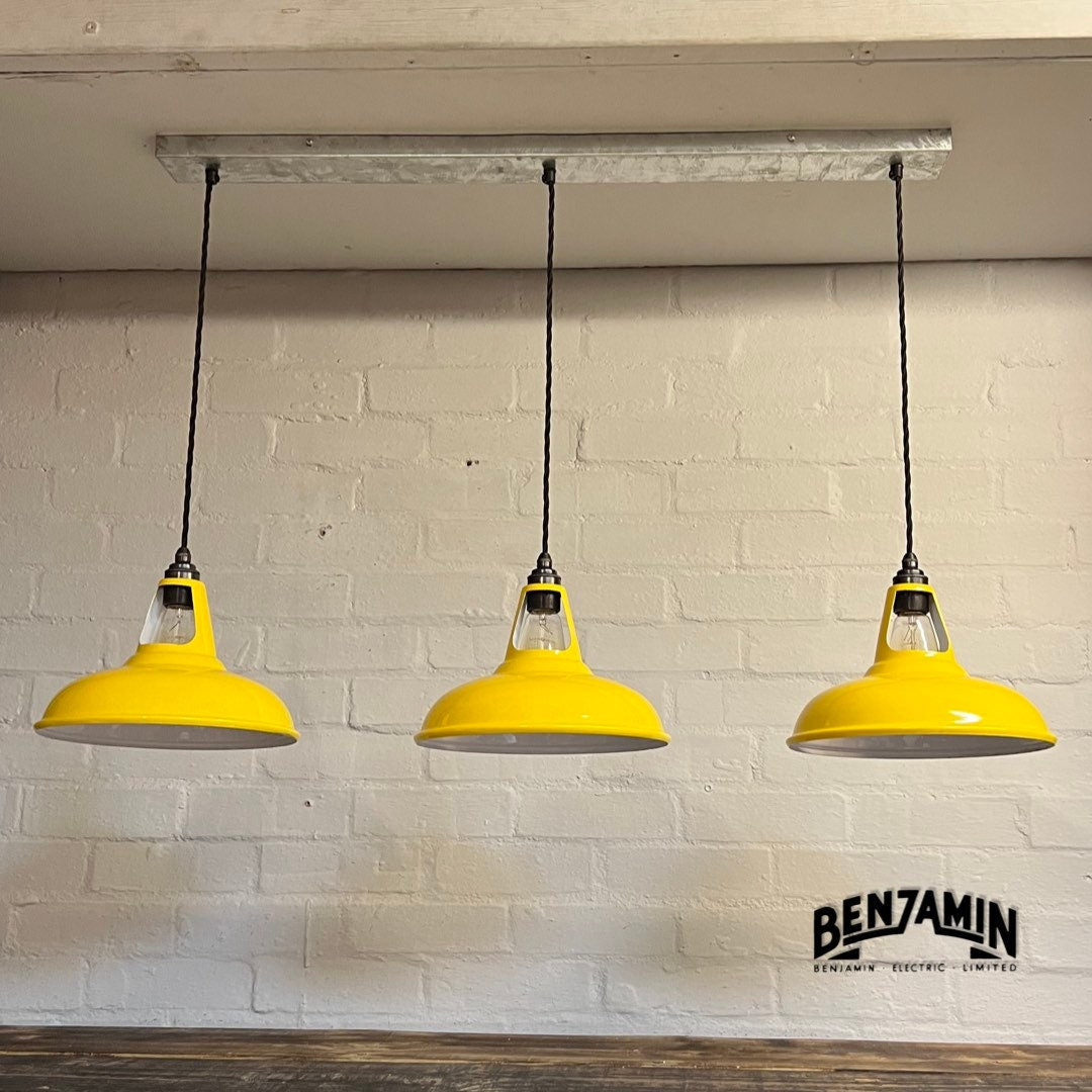 Cawston ~ Deep Yellow 3 x Solid Shade 1932 Design Pendant Set Galvanised Track Light | Dining Room | Kitchen Table | Vintage