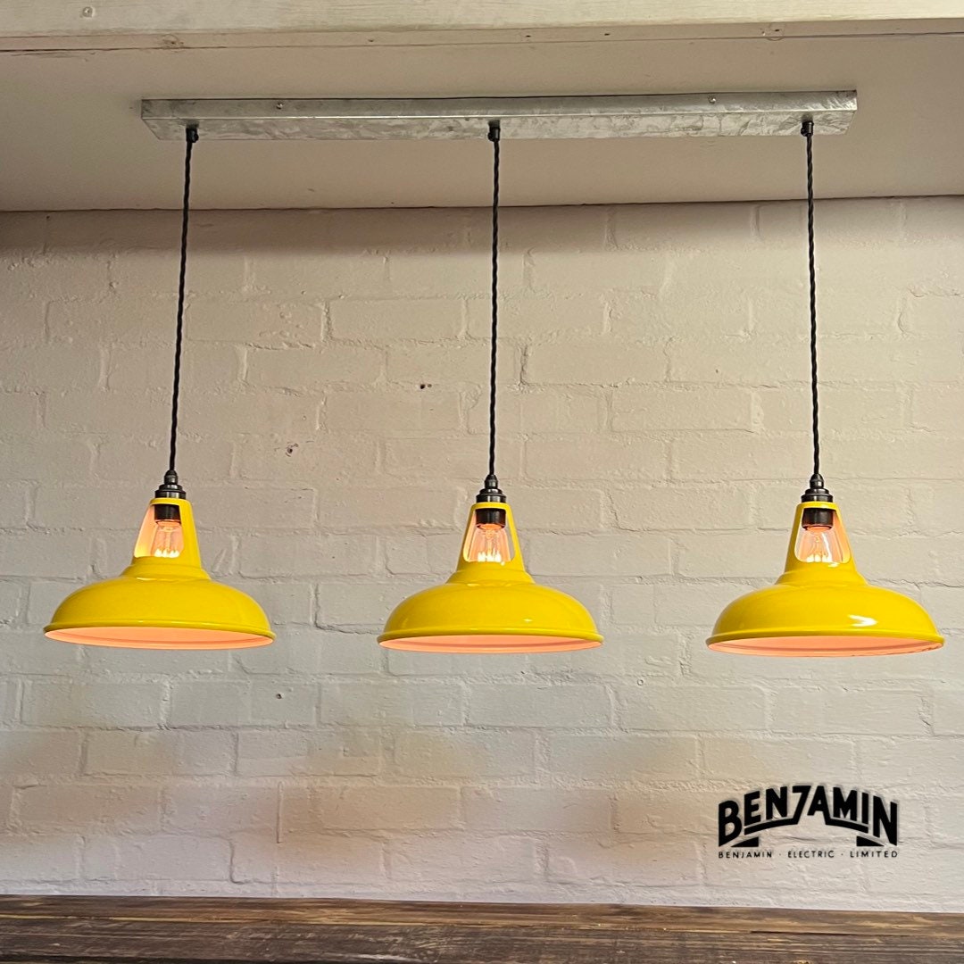 Cawston ~ Deep Yellow 3 x Solid Shade 1932 Design Pendant Set Galvanised Track Light | Dining Room | Kitchen Table | Vintage