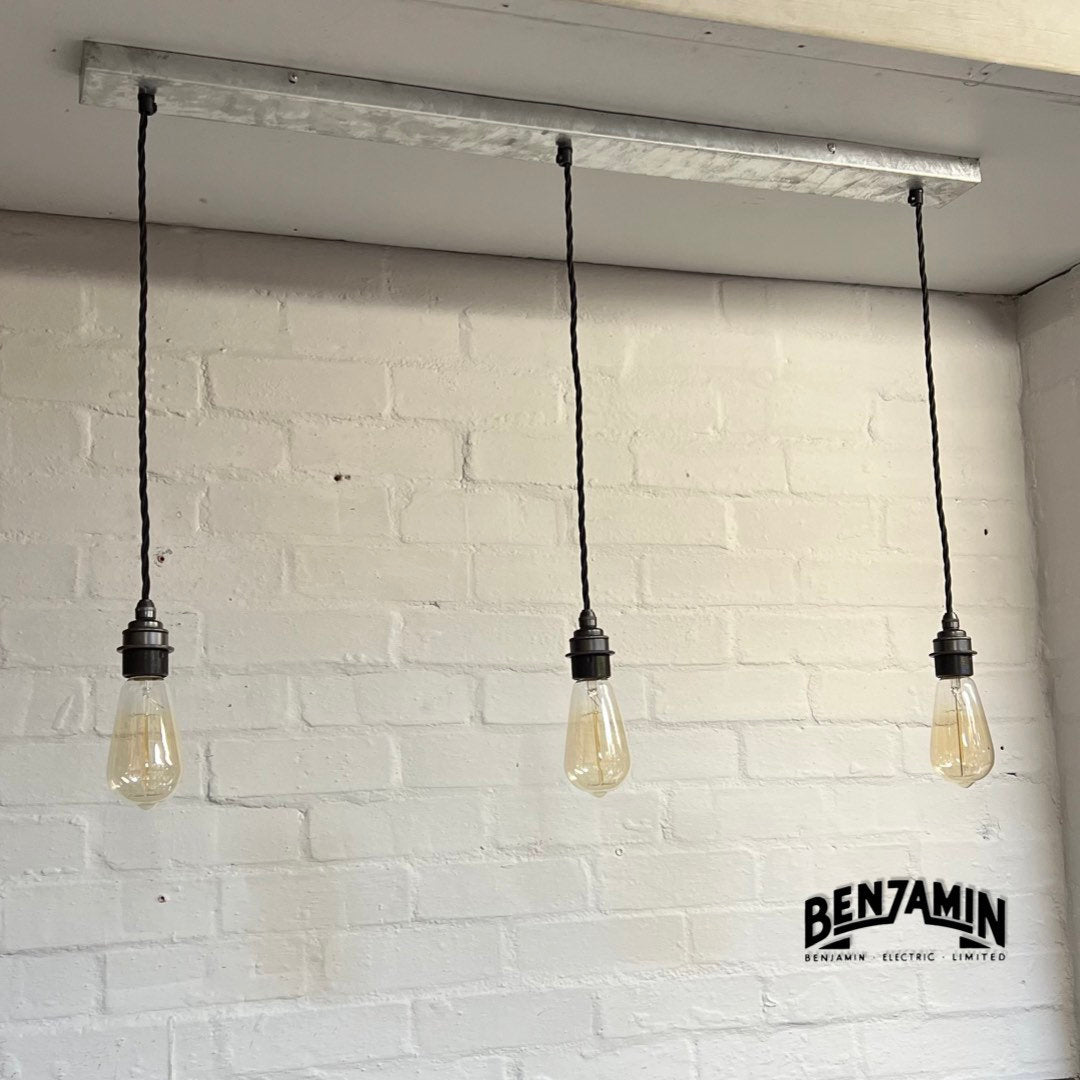 Heacham ~ 3 x Industrial Galvanised Track Pendant Set | Ceiling Dining Room | Kitchen Table Hanging Light | Vintage Edison Filament Bulbs