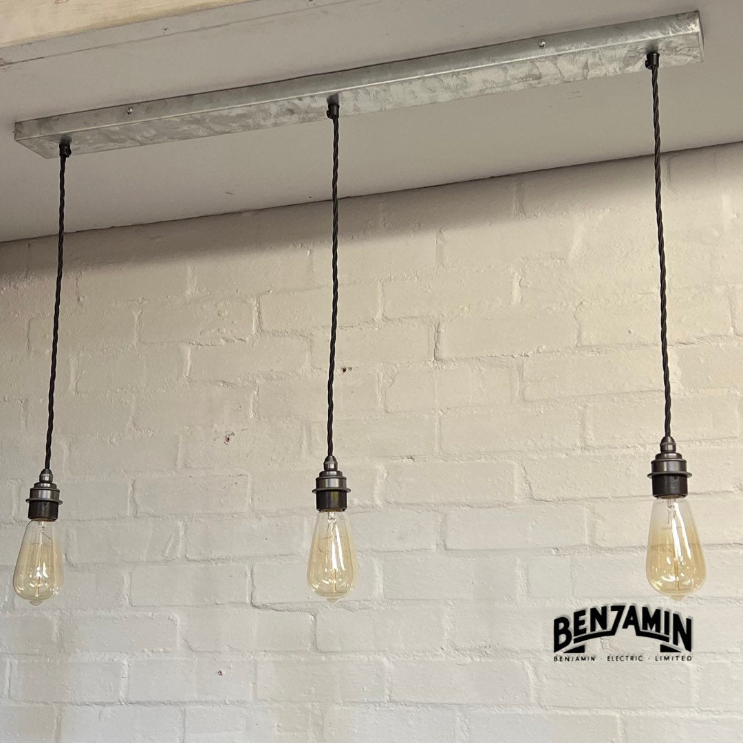 Heacham ~ 3 x Industrial Galvanised Track Pendant Set | Ceiling Dining Room | Kitchen Table Hanging Light | Vintage Edison Filament Bulbs
