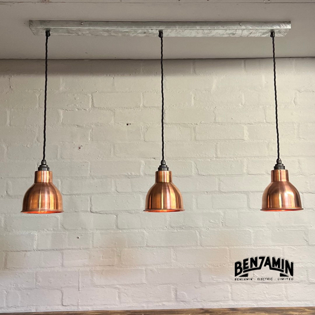 Metton ~ 3 x Antique Copper Shade “MEK” Design Pendant Set Track Light | Dining Room | Kitchen Table | Vintage