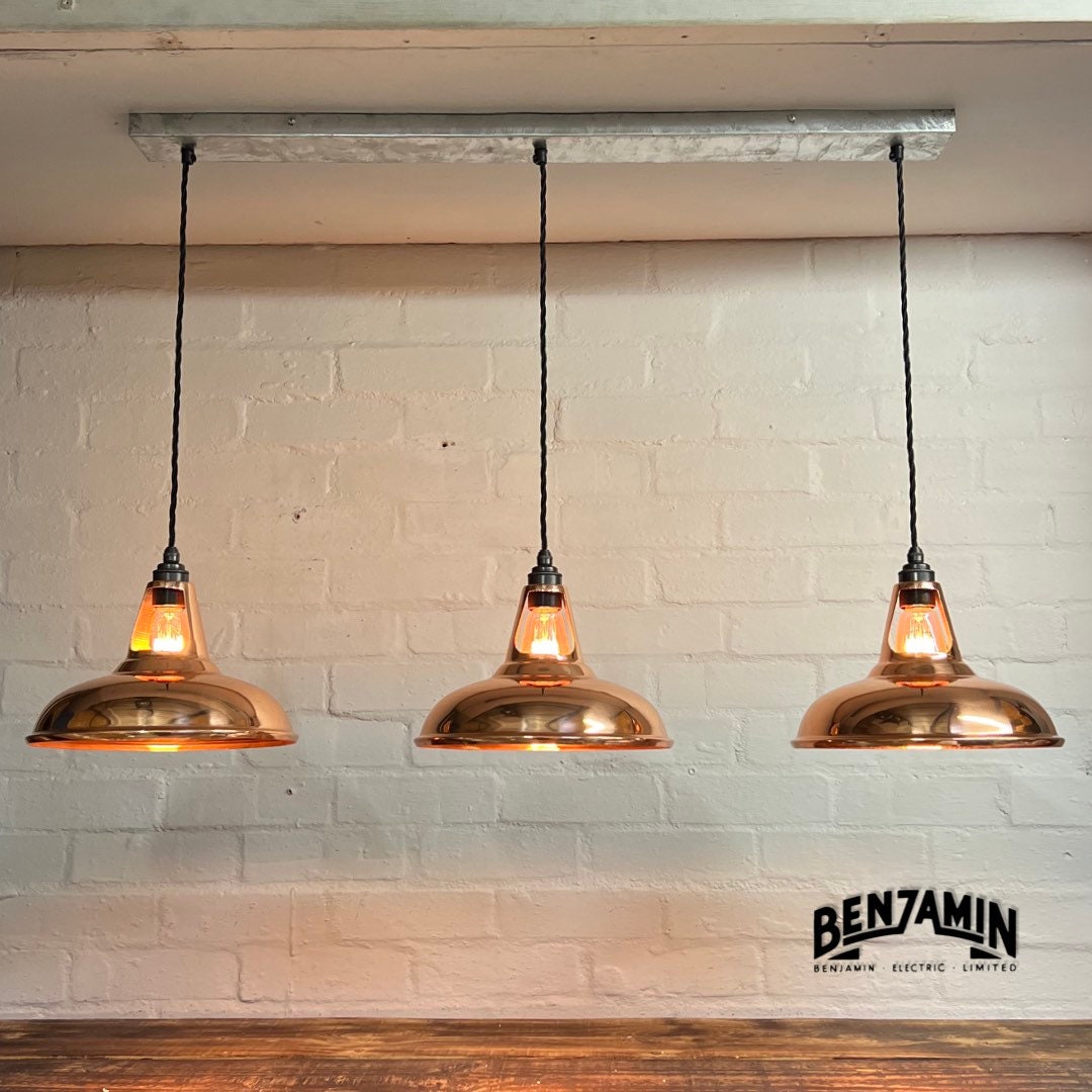 Cawston ~ 3 x Solid Copper Shade 1932 Design Pendant Set Galvanised Track Cluster Light | Dining Room | Kitchen Table | Vintage