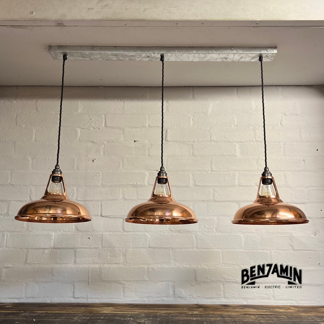 Cawston ~ 3 x Solid Copper Shade 1932 Design Pendant Set Galvanised Track Cluster Light | Dining Room | Kitchen Table | Vintage
