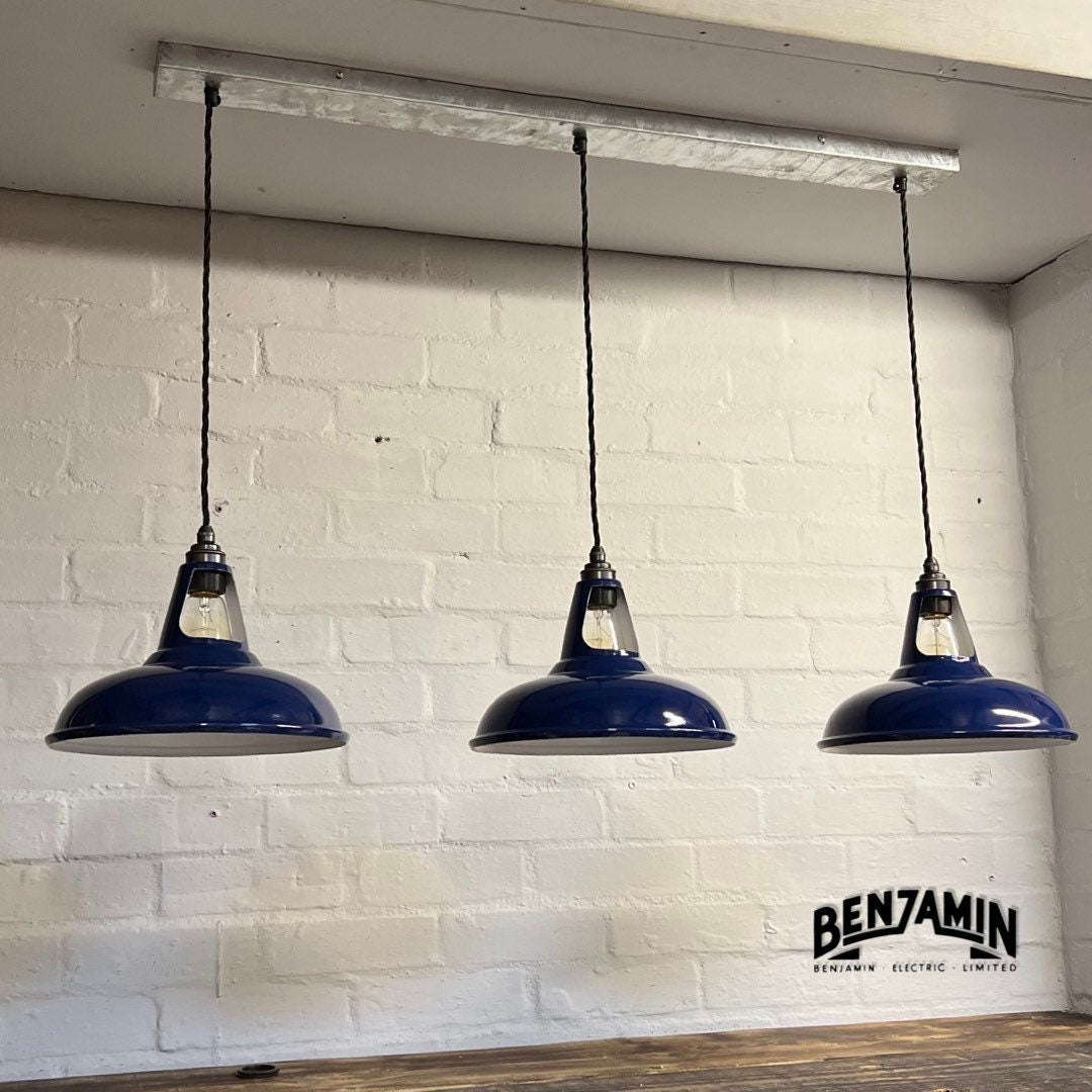 Cawston ~ 3 x Solid Royal Blue Shade 1932 Design Pendant Set Track Light | Dining Room | Kitchen Table | Vintage