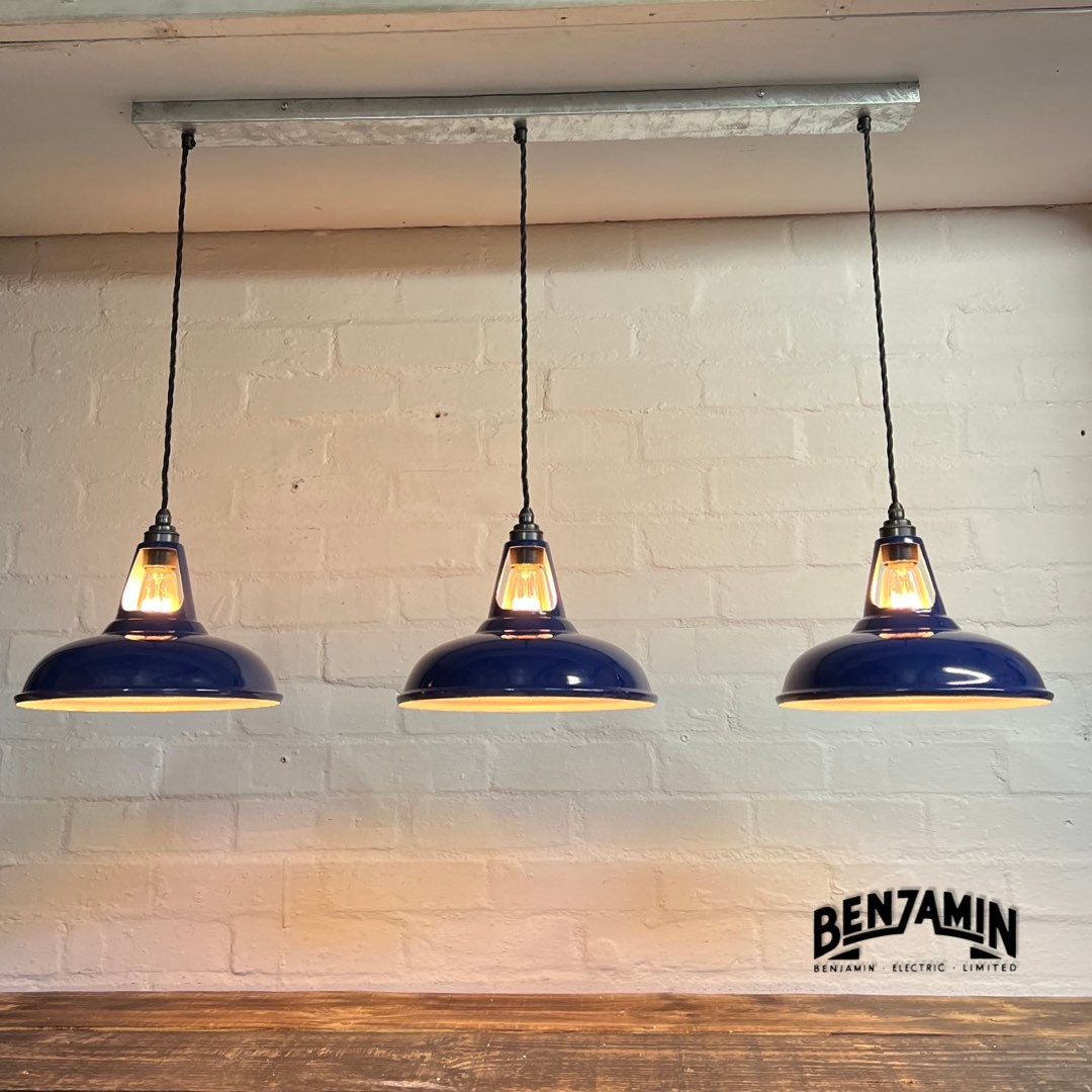 Cawston ~ 3 x Solid Royal Blue Shade 1932 Design Pendant Set Track Light | Dining Room | Kitchen Table | Vintage