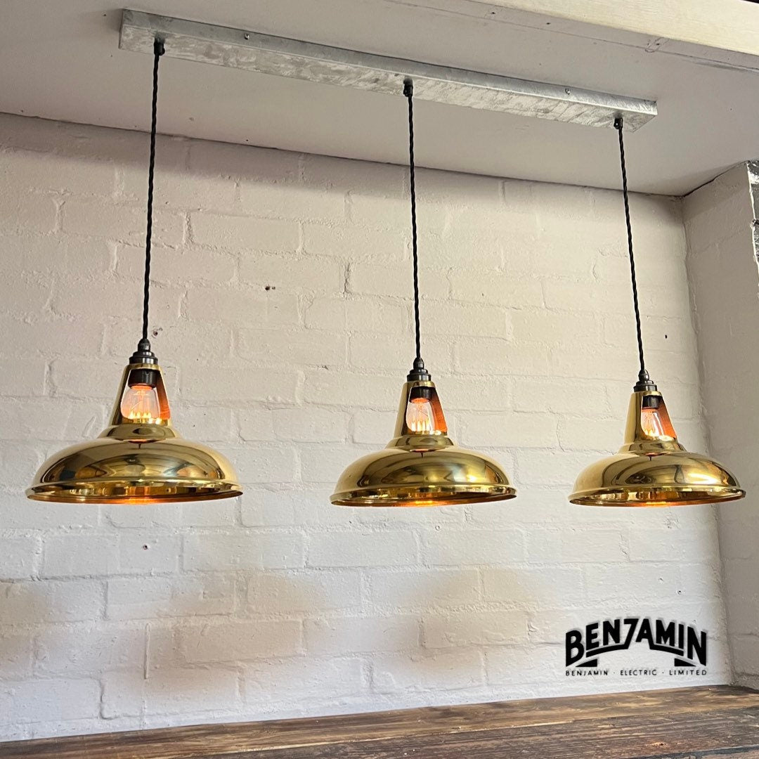Cawston ~ 3 x Solid Brass Shade 1932 Design Pendant Set Galvanised Track Cluster Light | Dining Room | Kitchen Table | Vintage