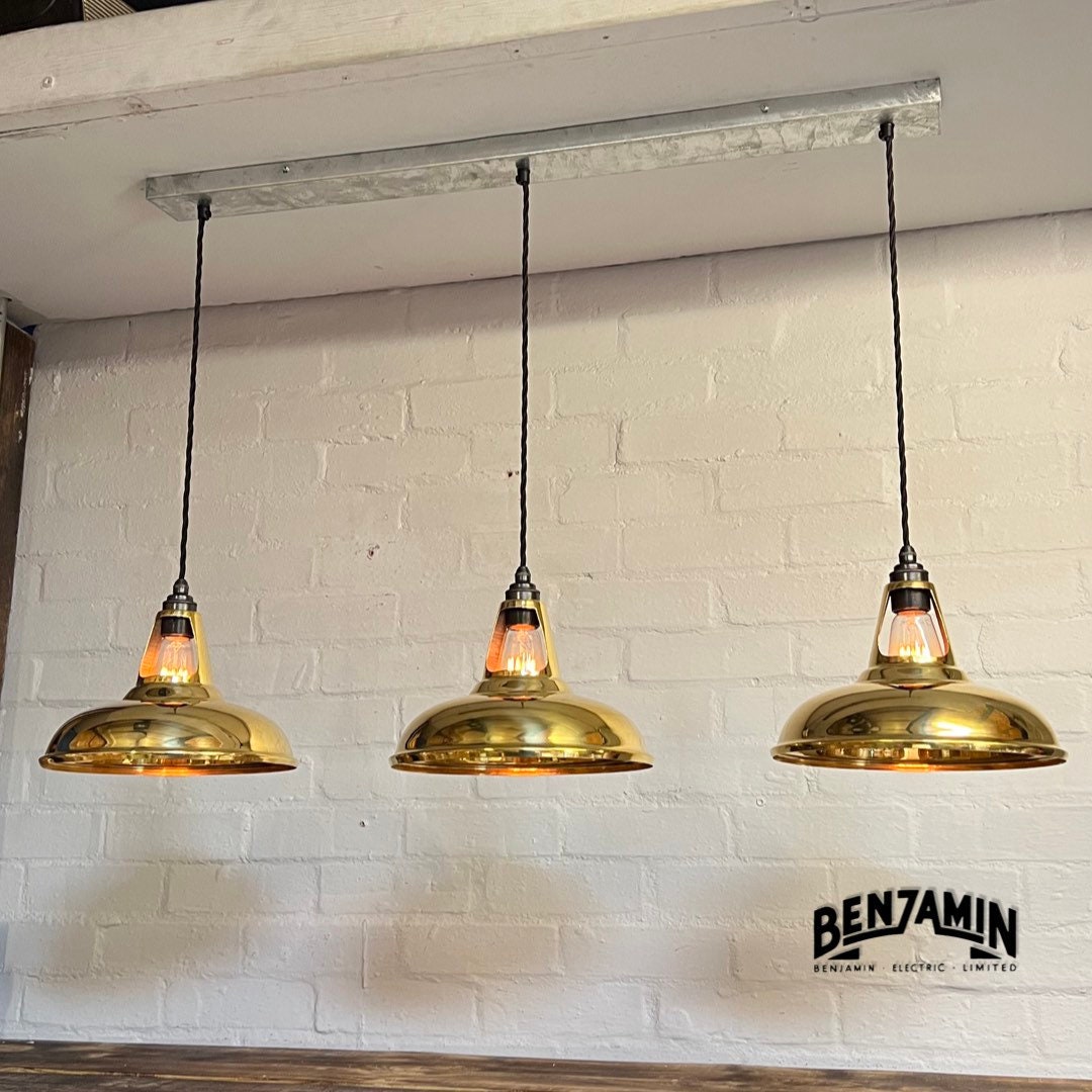 Cawston ~ 3 x Solid Brass Shade 1932 Design Pendant Set Galvanised Track Cluster Light | Dining Room | Kitchen Table | Vintage