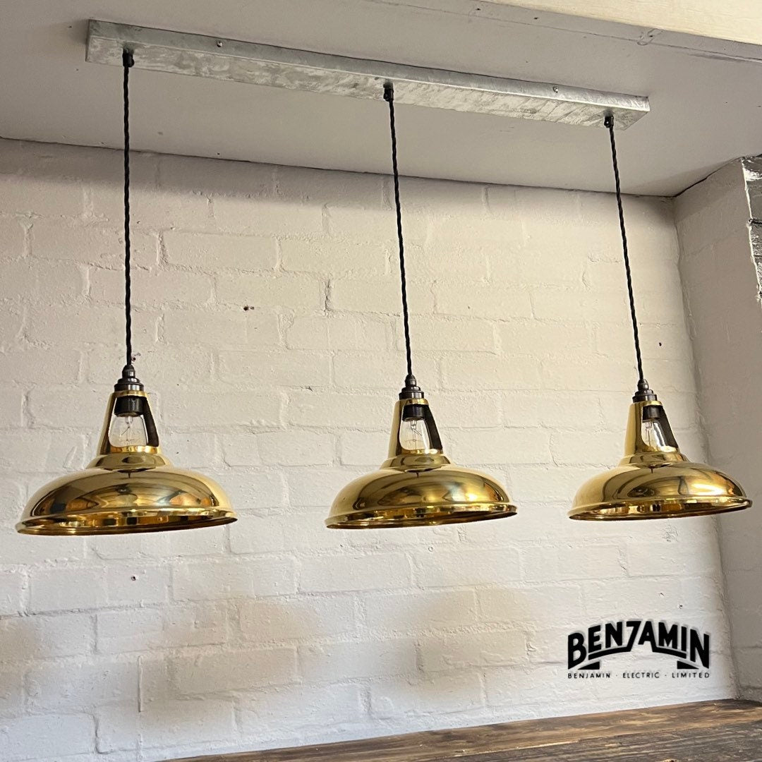 Cawston ~ 3 x Solid Brass Shade 1932 Design Pendant Set Galvanised Track Cluster Light | Dining Room | Kitchen Table | Vintage