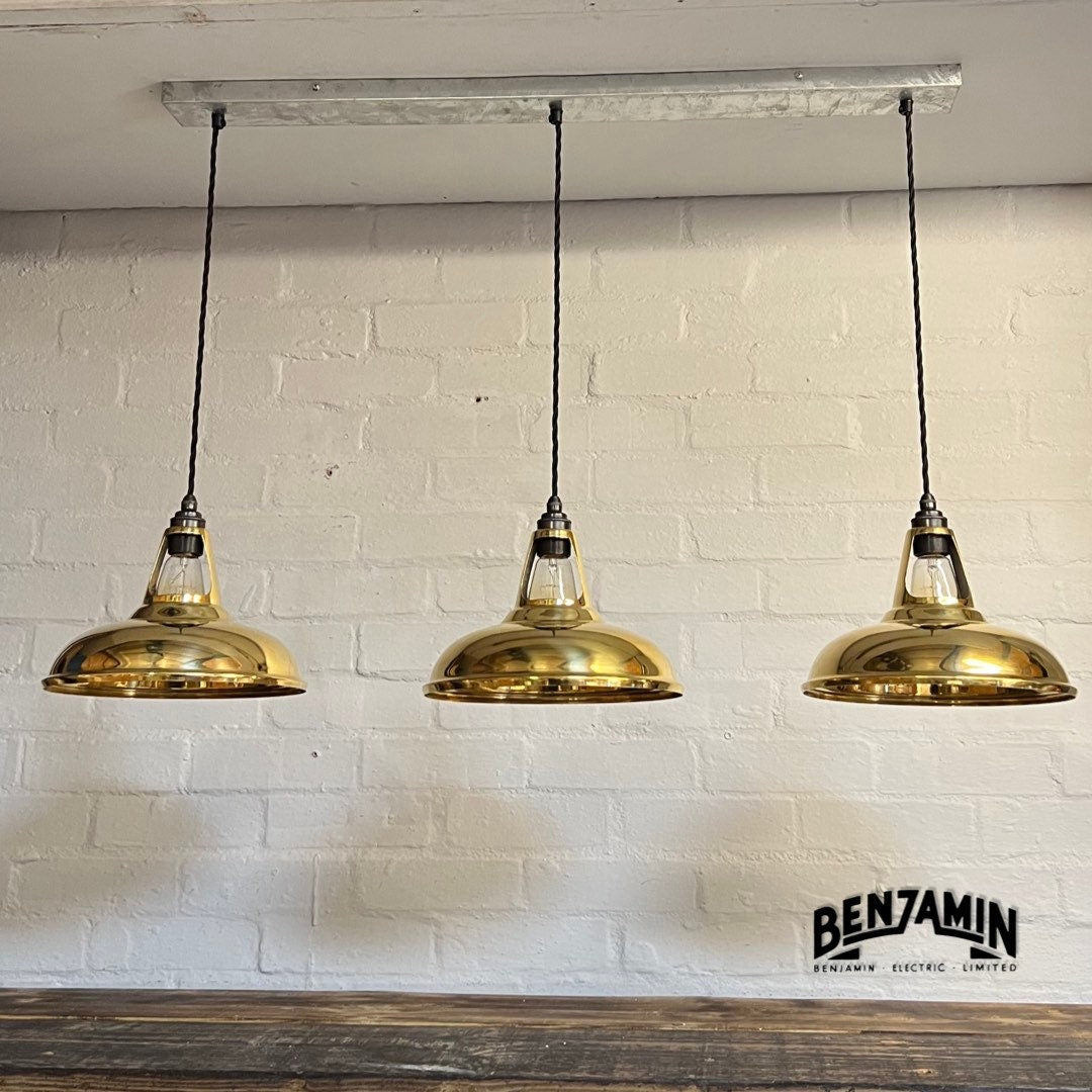 Cawston ~ 3 x Solid Brass Shade 1932 Design Pendant Set Galvanised Track Cluster Light | Dining Room | Kitchen Table | Vintage