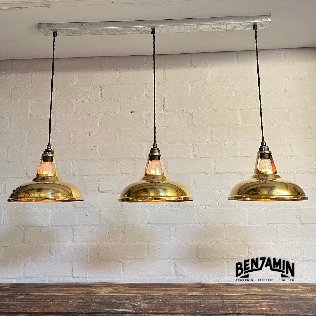 Cawston ~ 3 x Solid Brass Shade 1932 Design Pendant Set Galvanised Track Cluster Light | Dining Room | Kitchen Table | Vintage