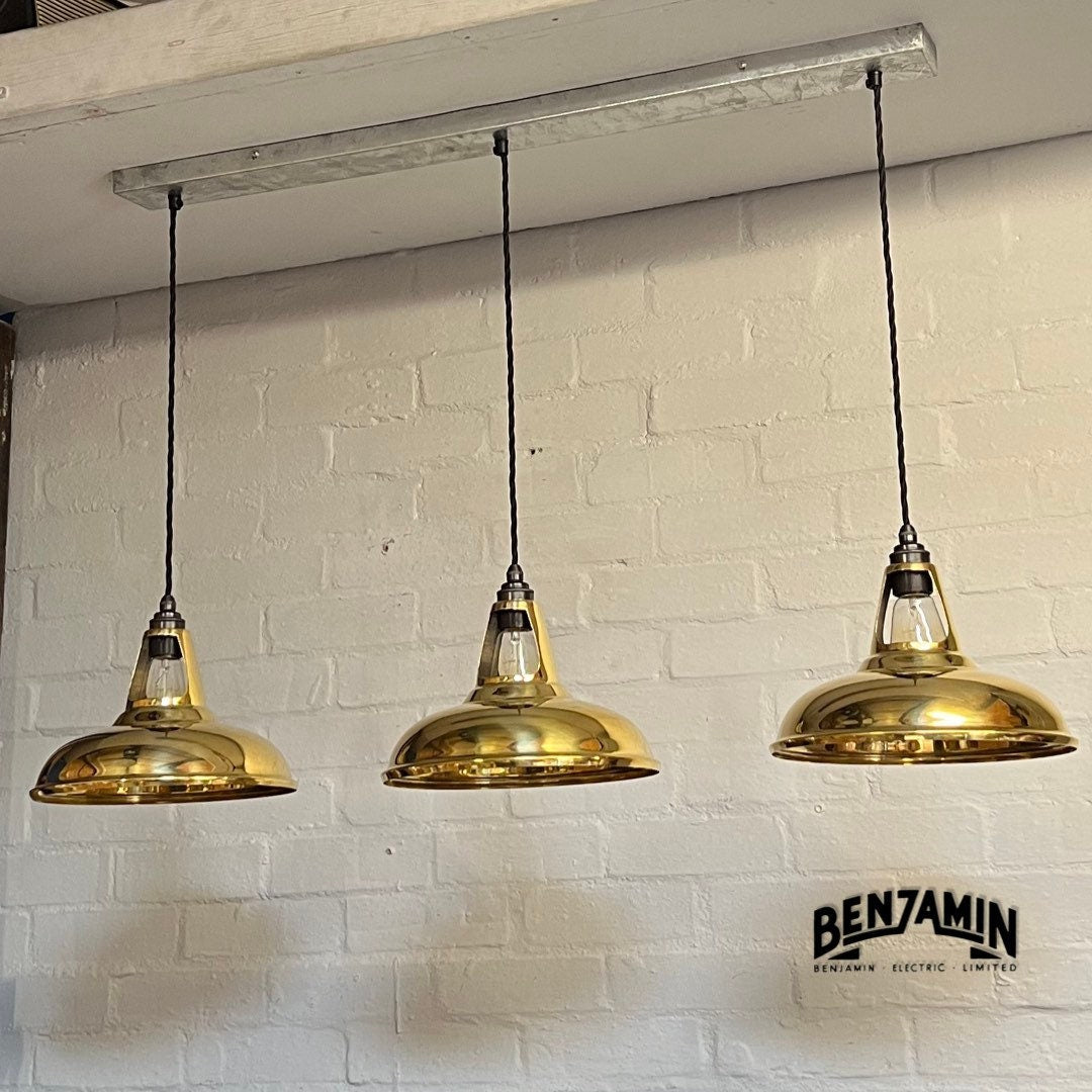 Cawston ~ 3 x Solid Brass Shade 1932 Design Pendant Set Galvanised Track Cluster Light | Dining Room | Kitchen Table | Vintage