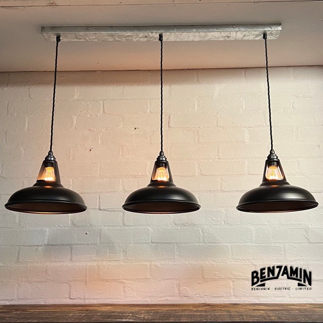 Cawston ~ 3 x Solid Matt Black Shade 1932 Design Pendant Set Cluster Track Light | Dining Room | Kitchen Table | Vintage