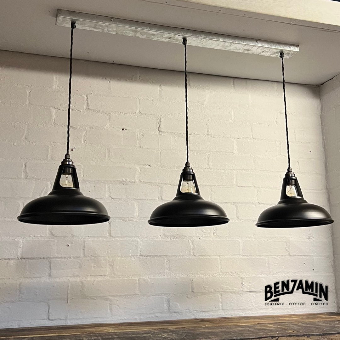 Cawston ~ 3 x Solid Matt Black Shade 1932 Design Pendant Set Cluster Track Light | Dining Room | Kitchen Table | Vintage