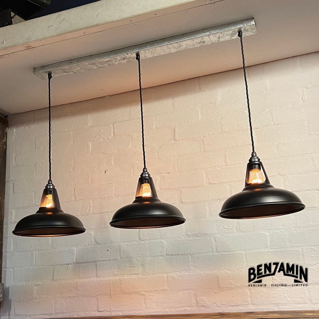 Cawston ~ 3 x Solid Matt Black Shade 1932 Design Pendant Set Cluster Track Light | Dining Room | Kitchen Table | Vintage