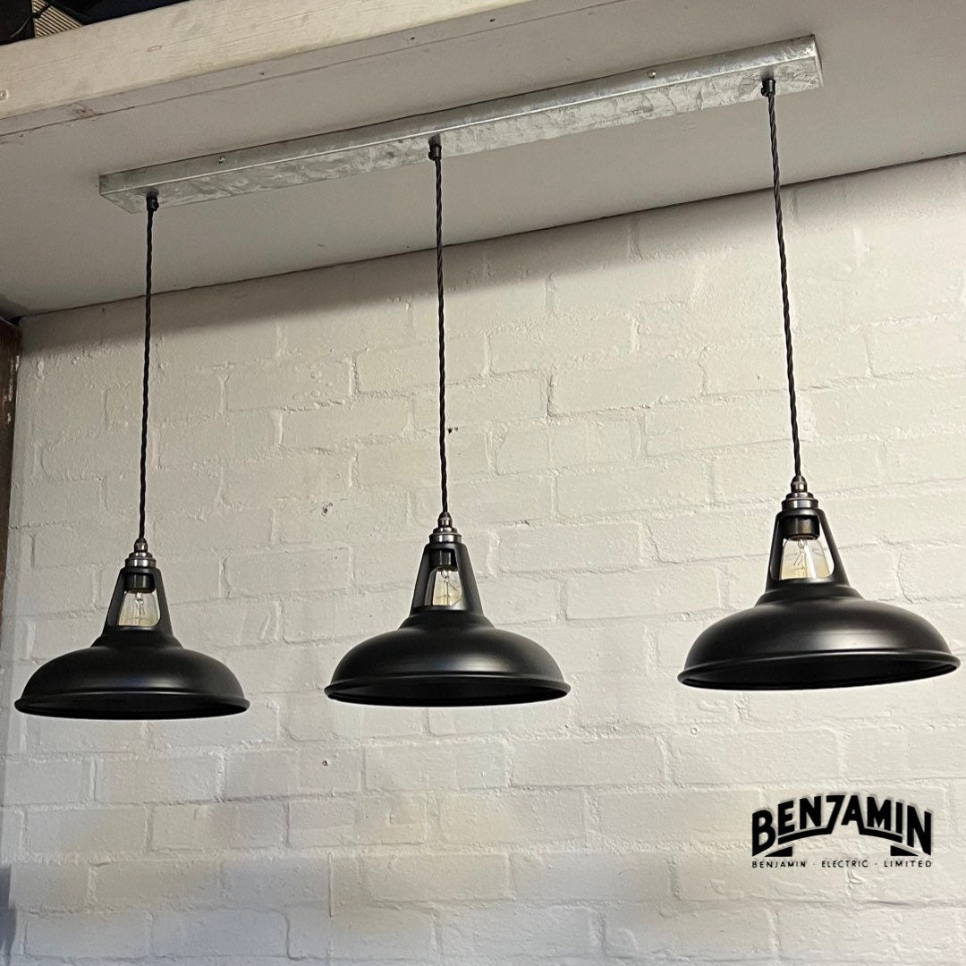 Cawston ~ 3 x Solid Matt Black Shade 1932 Design Pendant Set Cluster Track Light | Dining Room | Kitchen Table | Vintage