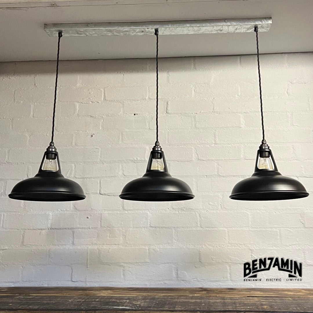 Cawston ~ 3 x Solid Matt Black Shade 1932 Design Pendant Set Cluster Track Light | Dining Room | Kitchen Table | Vintage