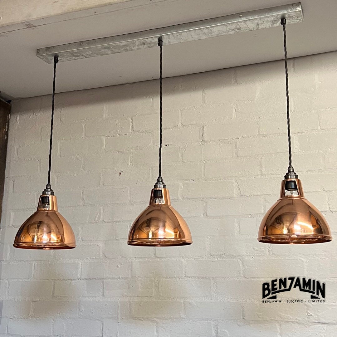 Shropham ~ 3 x Solid Copper Shade Pendant Wire Set Galvanised Track | 8 Inch Dome Light | Dining Room | Kitchen Table | Vintage