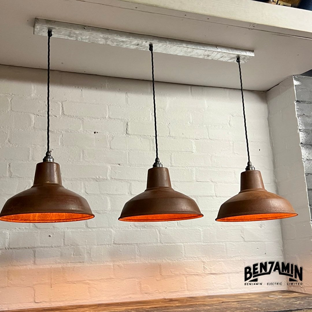 Filby ~ 3 x Solid Rusted Steel Shade RLM 1921 Design Pendant Set Galvanised Track Light | Dining Room | Kitchen Table | Vintage