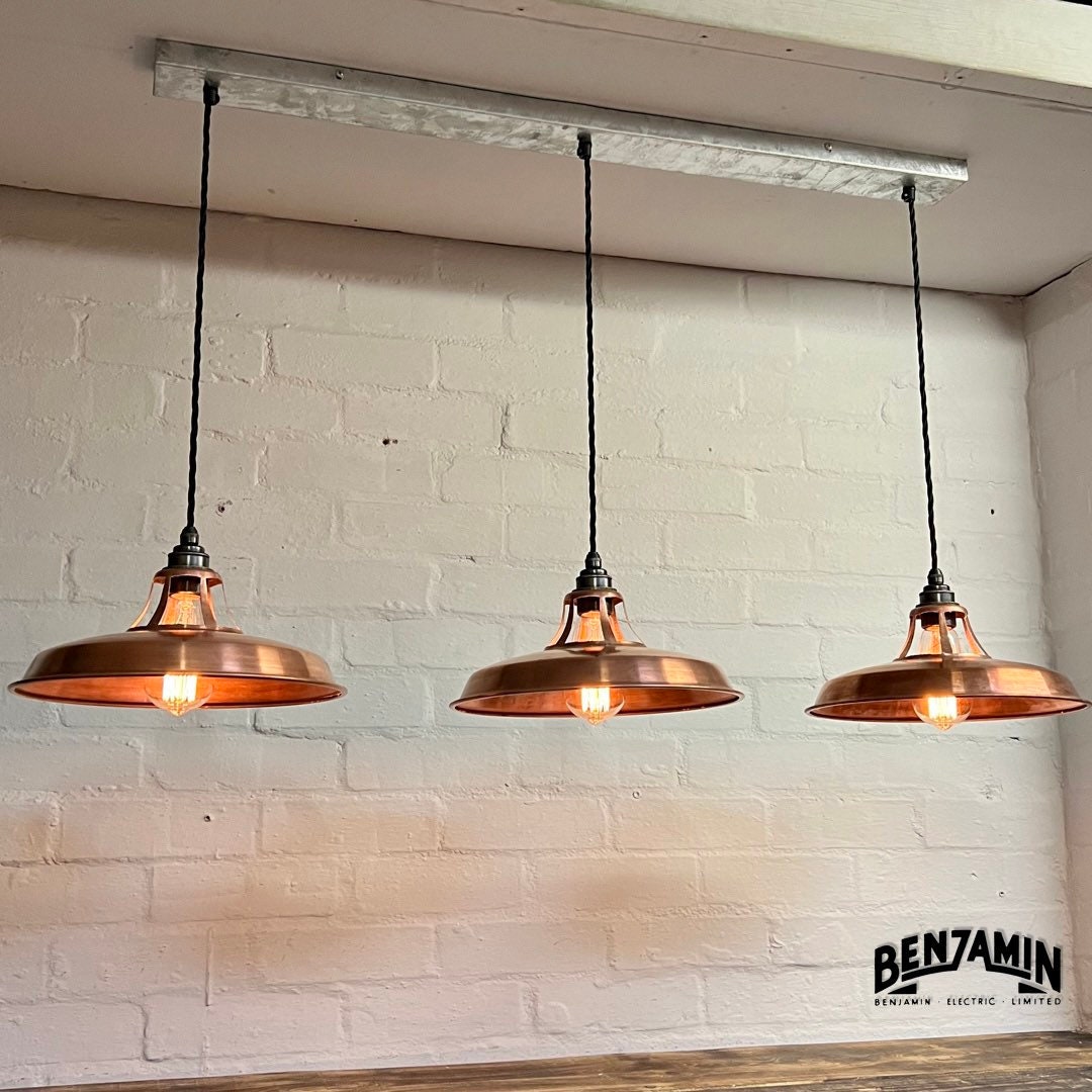 Bramerton ~ **Worn** 3 x Antique Copper Shade Benflux 1926 Design Pendant Set Galvanised Track Light | Dining Room | Kitchen Table | Vintage