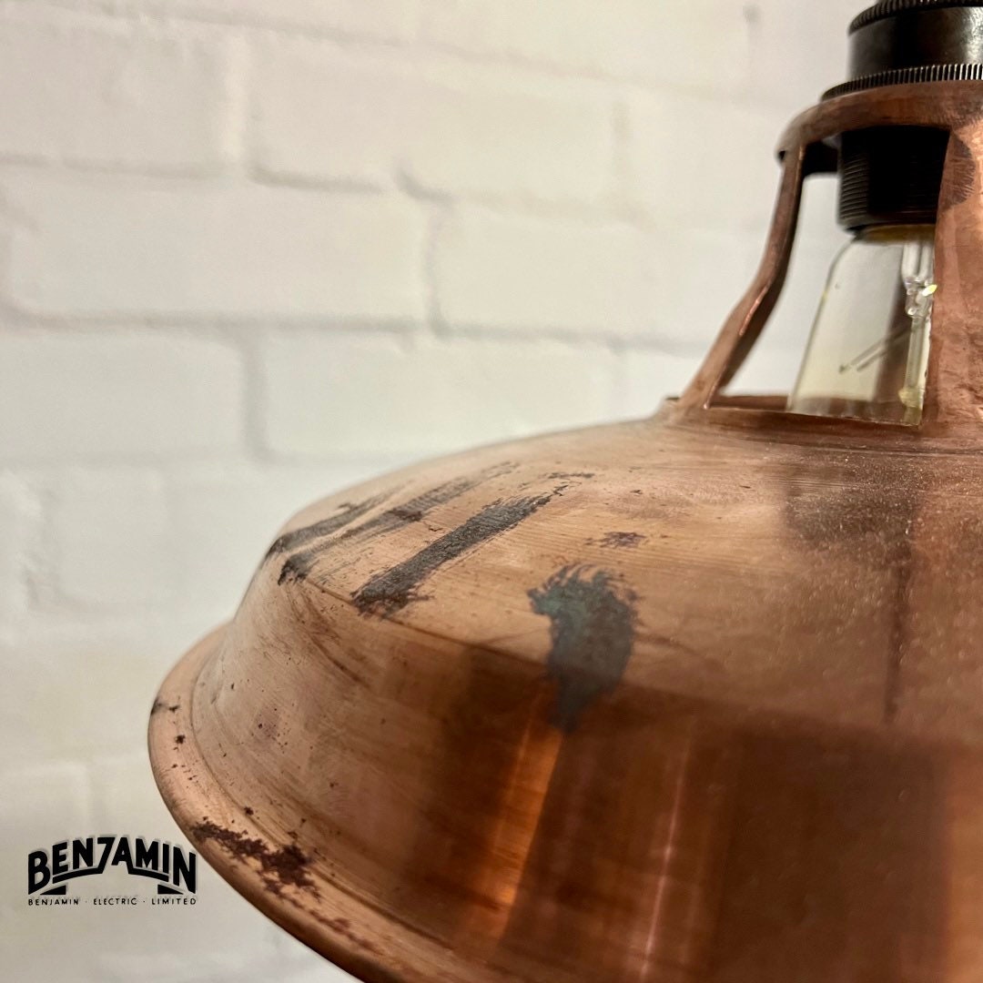 Bramerton ~ **Worn** 3 x Antique Copper Shade Benflux 1926 Design Pendant Set Galvanised Track Light | Dining Room | Kitchen Table | Vintage